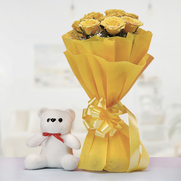 Yellow Roses Bunch With Teddy Bear